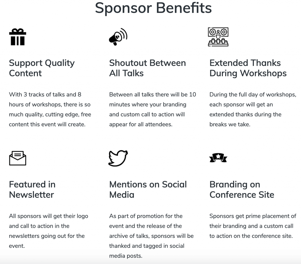 Sponsor Benefits with icons and text