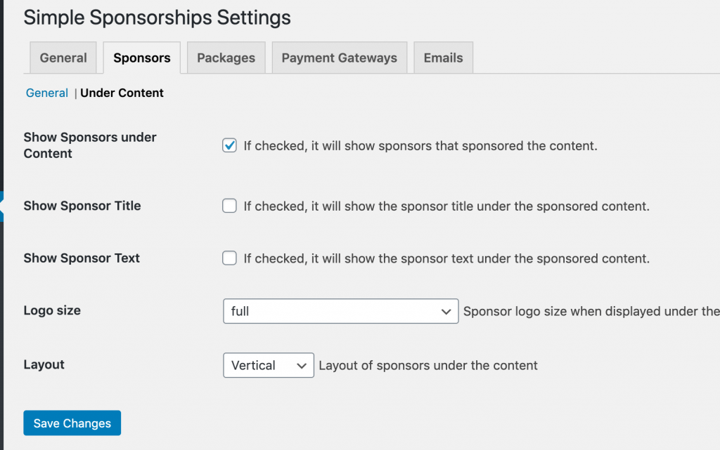 Simple Sponsorships Settings for display sponsors under content